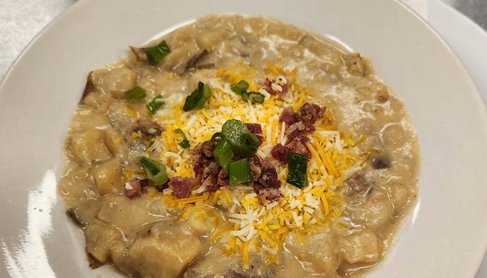 Homemade loaded potato soup served at The Hideout restaurant and bar in Stacy, MN Homemade loaded potato soup served at The Hideout restaurant and bar in Stacy, MN